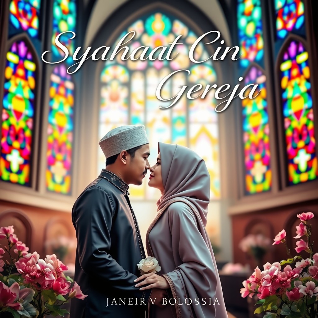 A romantic novel cover titled 'Syahadat Cinta di Gereja', featuring a beautiful church setting with stained glass windows in vibrant colors