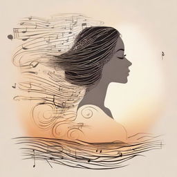 Depict a detailed drawing of a side-profile woman on a beach at sunset, surrounded by a gentle swirl of musical notes.