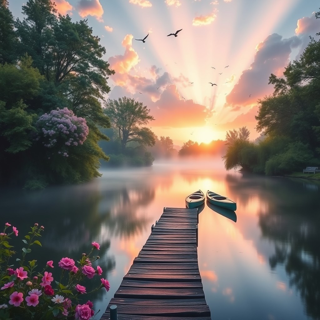 A serene morning scene depicting a beautiful sunrise with soft pastel colors illuminating the sky, gentle rays of sunlight breaking through fluffy clouds