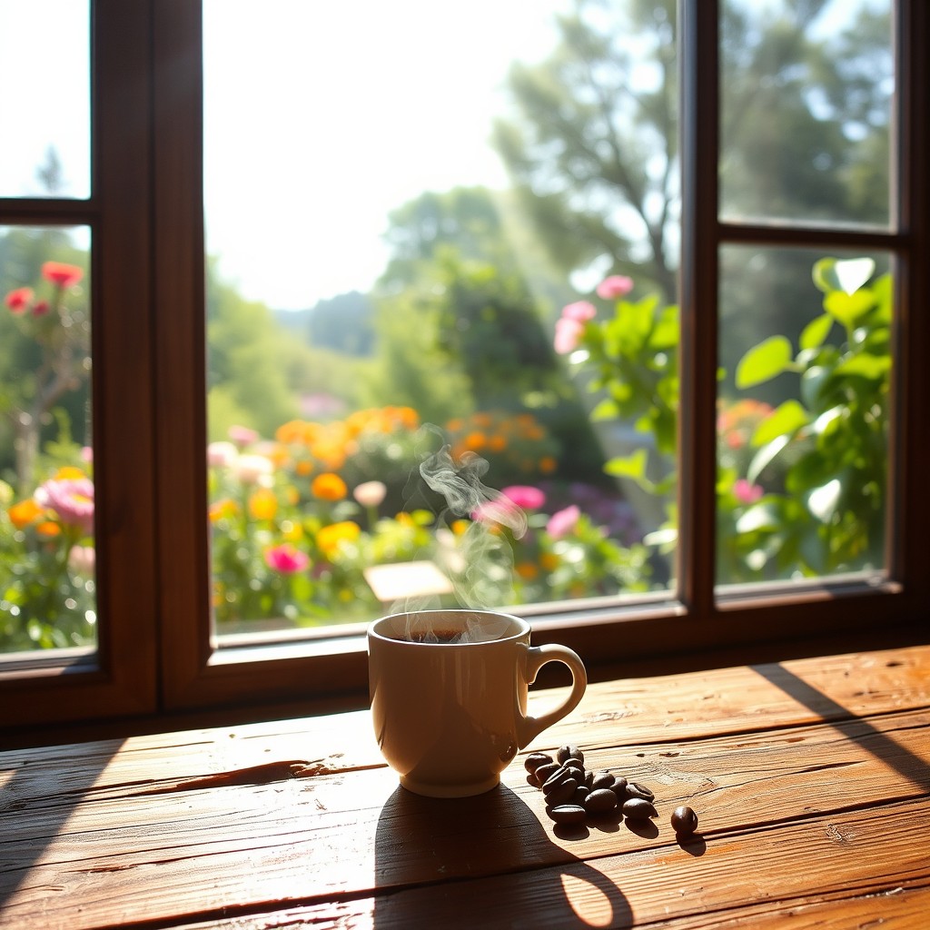 A cozy scene featuring a steaming cup of coffee placed on a rustic wooden table in front of a large window