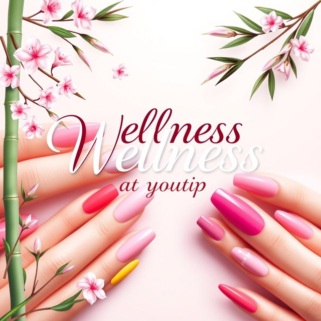 A vibrant and eye-catching poster for a nail salon that showcases beautifully manicured nails in an array of colors and designs