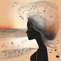 Depict a detailed drawing of a side-profile woman on a beach at sunset, surrounded by a gentle swirl of musical notes.