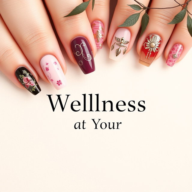An elegant Asian-themed nails poster featuring intricate nail art designs showcasing various styles such as floral patterns and metallic accents