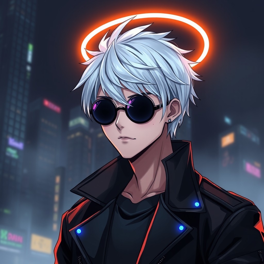 A male anime character in a cyberpunk style, featuring shiny, rebellious silver-white hair with a blue glow