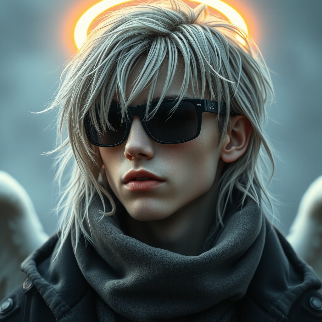 A young man with highly detailed, textured silver-white hair falling in messy locks