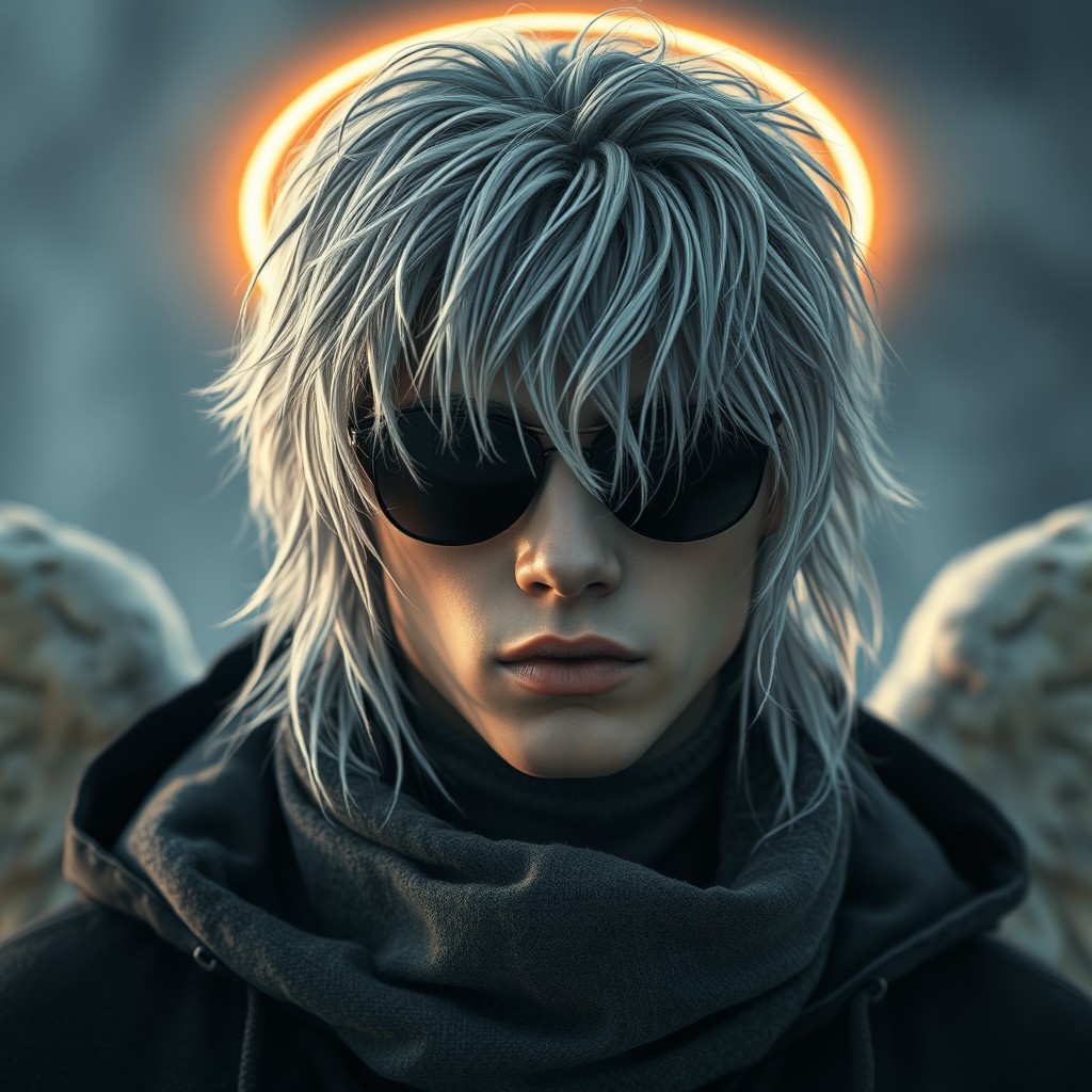 A young man with highly detailed, textured silver-white hair falling in messy locks