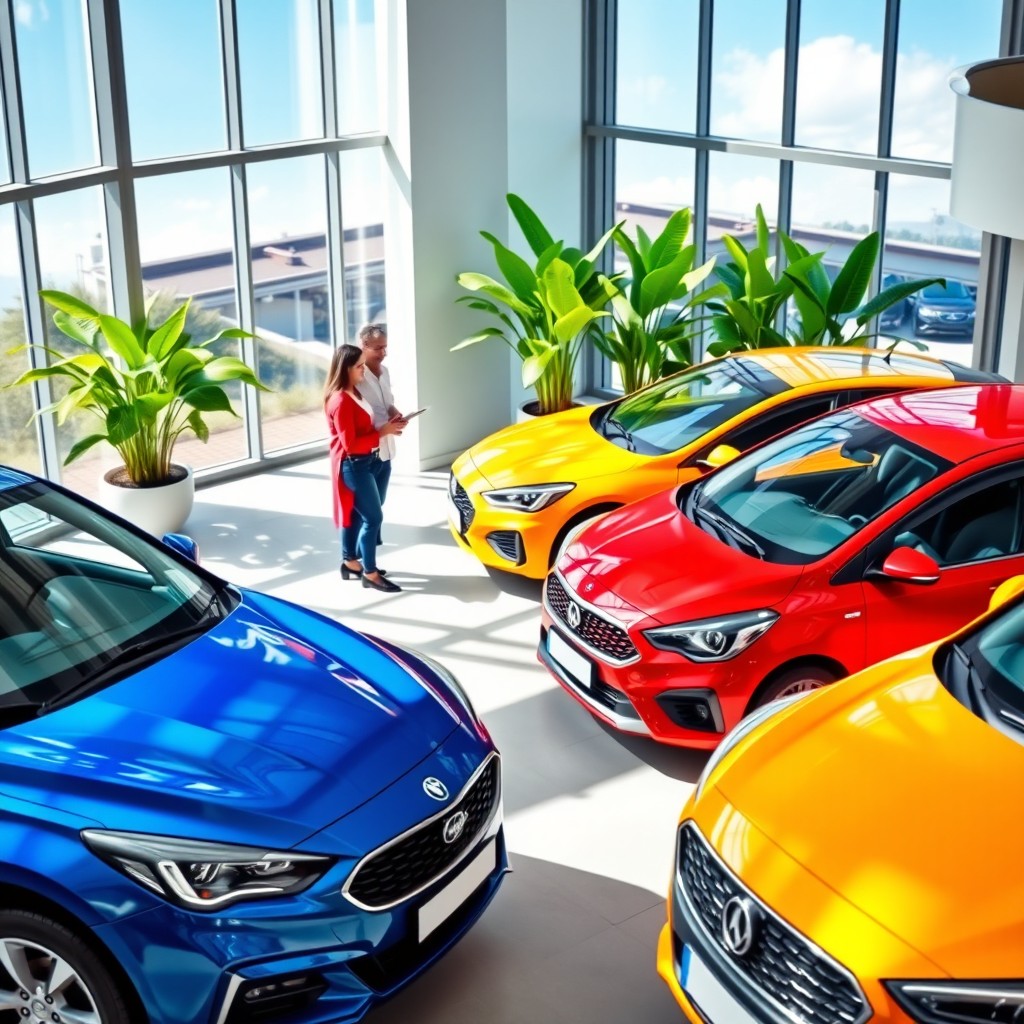 An advertising image for a car dealership featuring a variety of new models in bright, vibrant colors