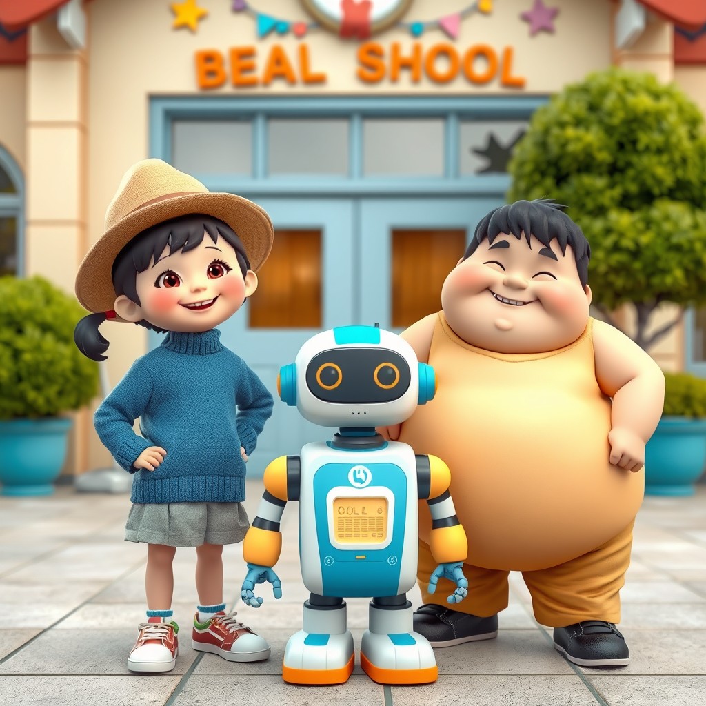 A beloved character for children wearing a hat and a blue sweater, standing in a cheerful pose