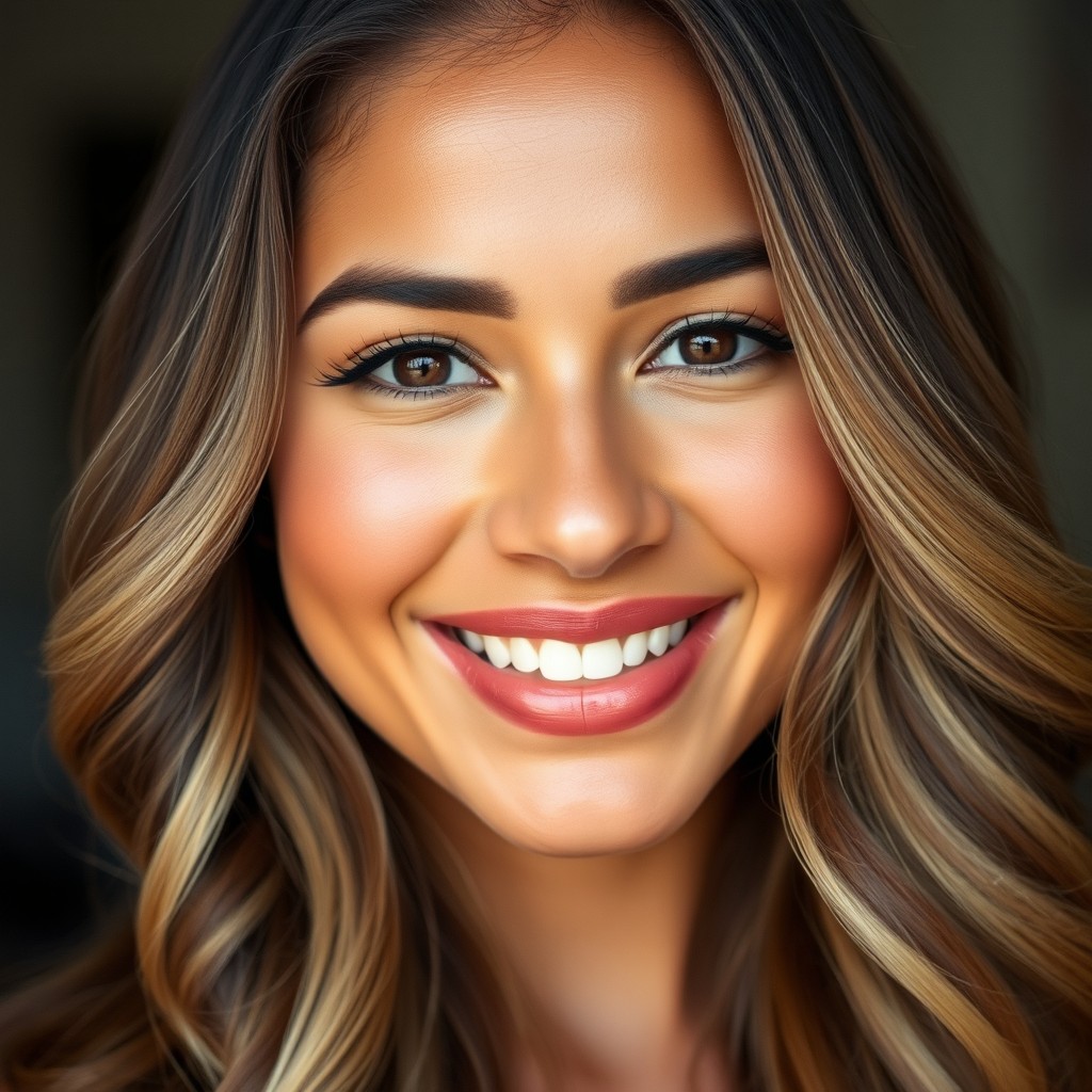 A beautiful Latina woman with long, wavy hair that blends light brown and blonde shades, showcasing her full, luscious lips