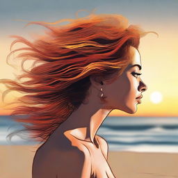 Render a detailed drawing of a side-profile woman on a beach at sunset, her hair appearing as dynamic and vibrant flames.