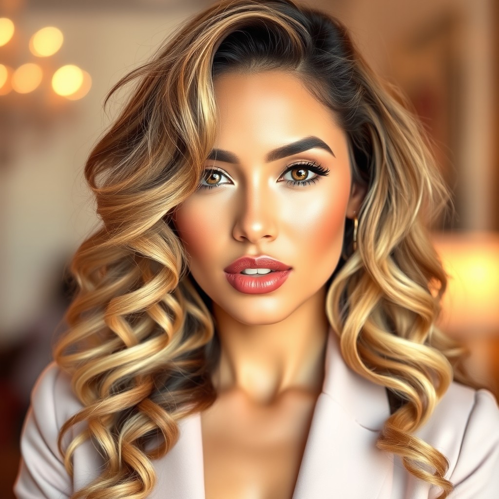 A beautiful Latina woman with long, curly light brown and blonde hair, showcasing her full lips