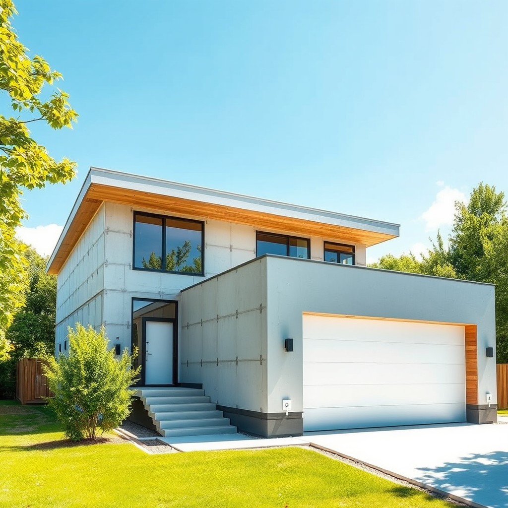 A modern flat-roofed house under construction, showcasing its sleek architectural lines and contemporary design