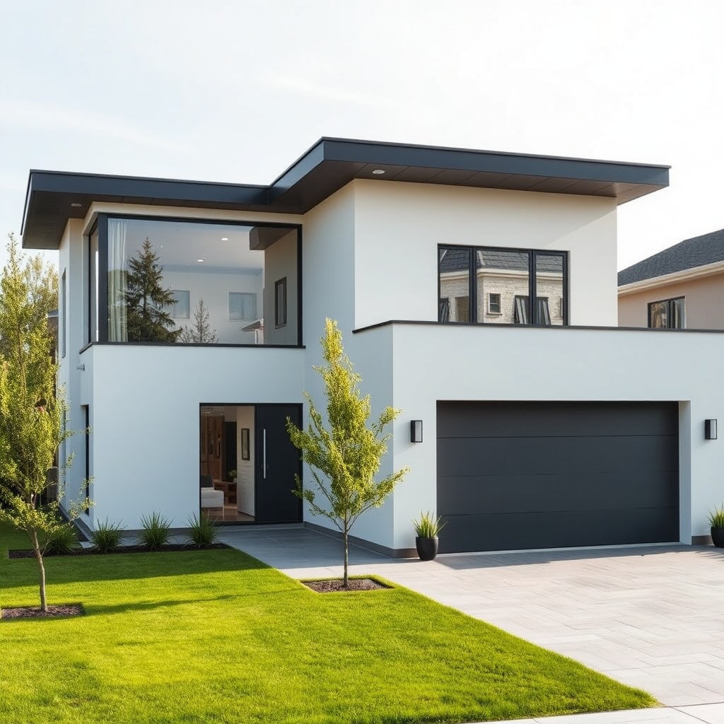 A modern flat-roof house that is not yet insulated, showcasing contemporary architectural elements