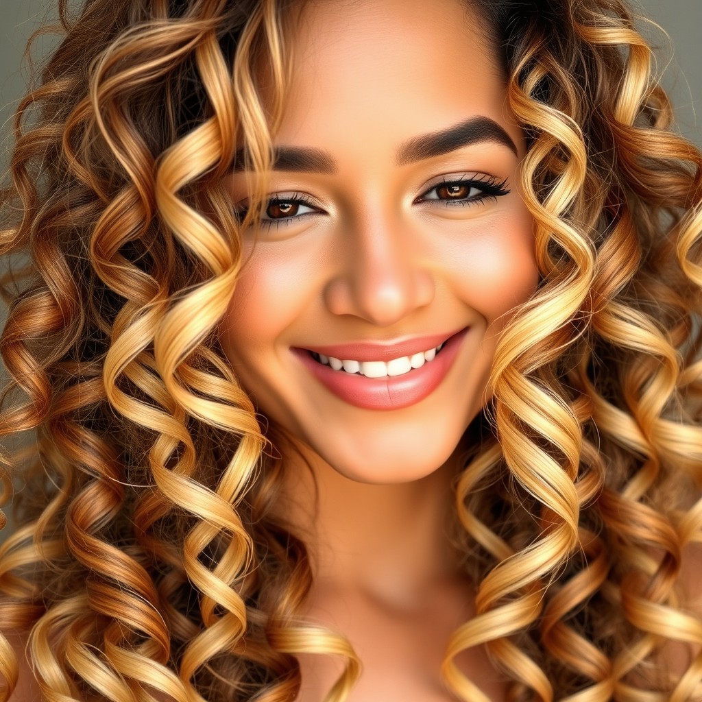 A stunning Latina woman with long, flowing curly hair that blends light brown and blonde shades, showcasing vibrant curls cascading elegantly