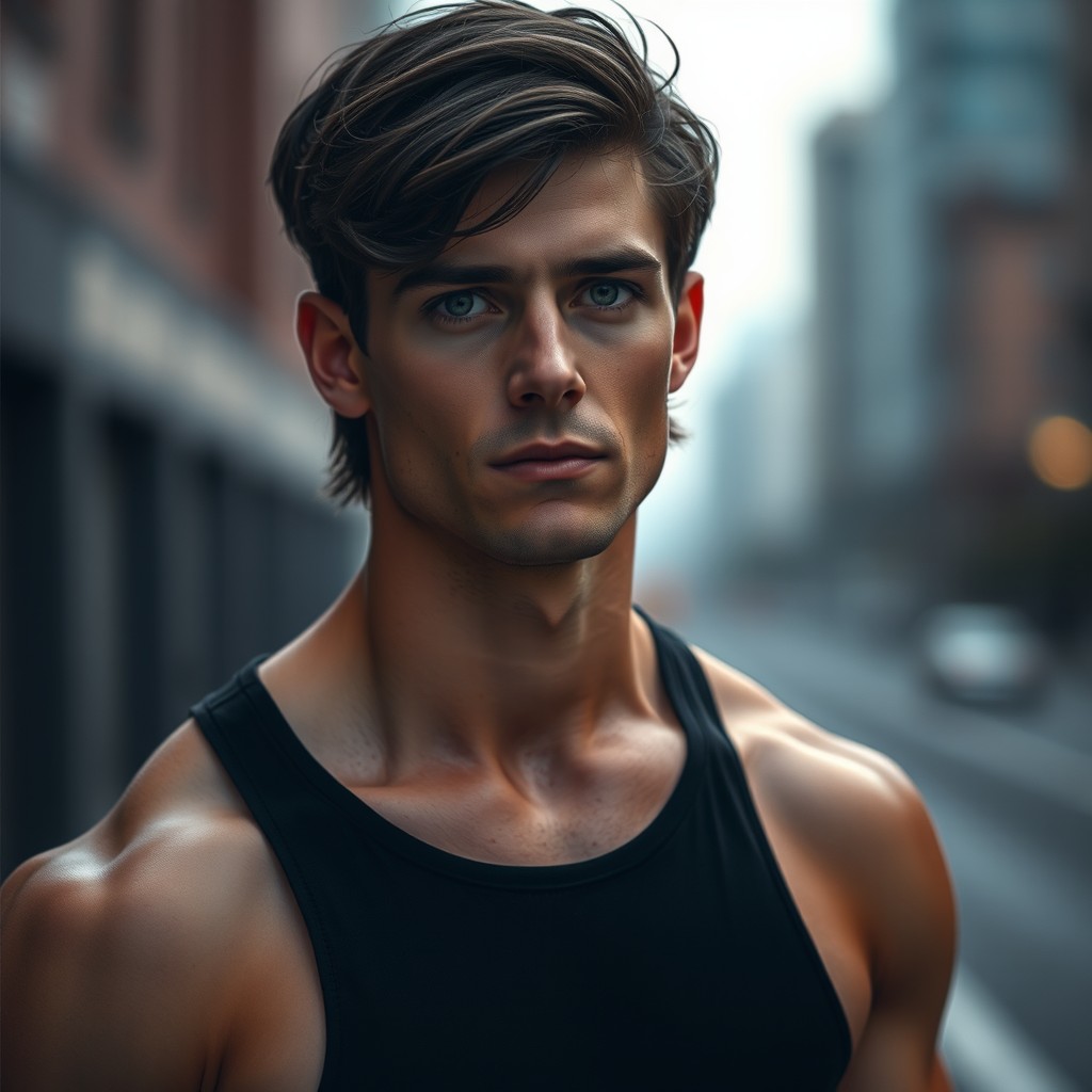 A tall, muscular man with an athletic build, aged 19 but appearing older