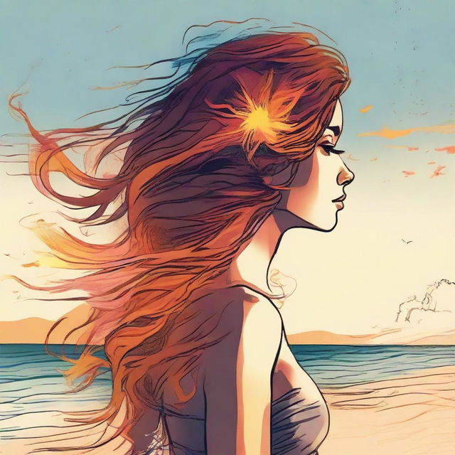 Render a detailed drawing of a side-profile woman on a beach at sunset, her hair appearing as dynamic and vibrant flames.