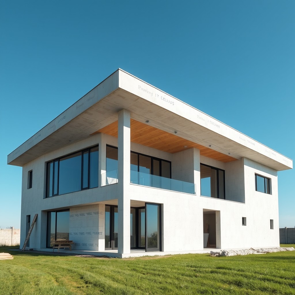 A modern flat-roofed house that is yet to be plastered, showcasing its raw and unfinished exterior