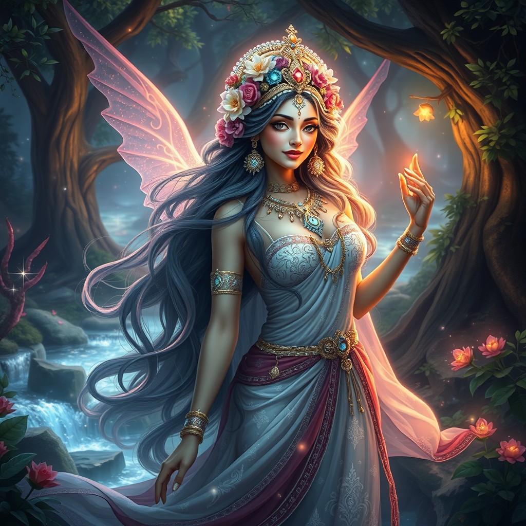 A stunning, ethereal portrayal of Rambha, a celestial nymph known for her beauty