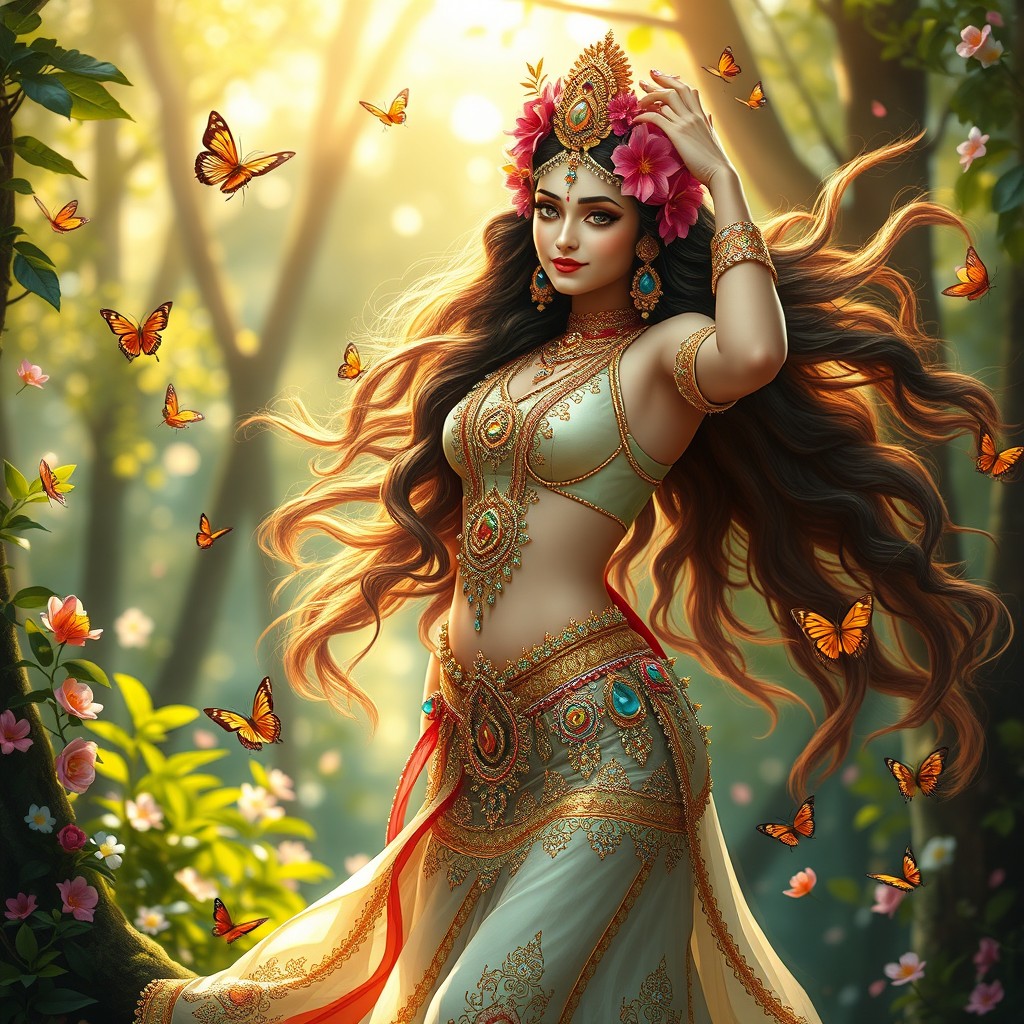 A stunning depiction of Rambha, the celestial nymph from Hindu mythology, in an enchanting forest setting