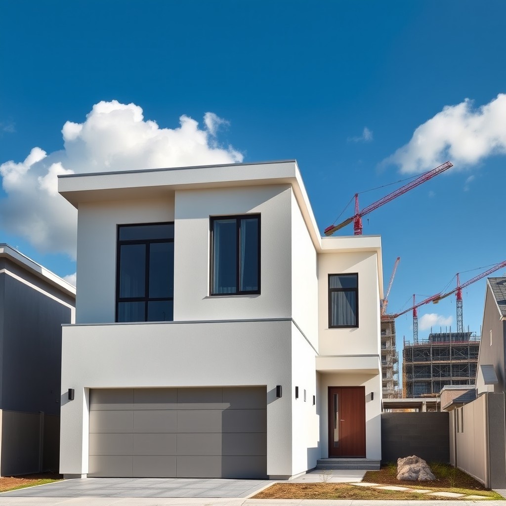 A modern semi-finished flat-roof house with a spacious garage, featuring two stories