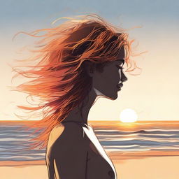 Render a detailed drawing of a side-profile woman on a beach at sunset, her hair appearing as dynamic and vibrant flames.