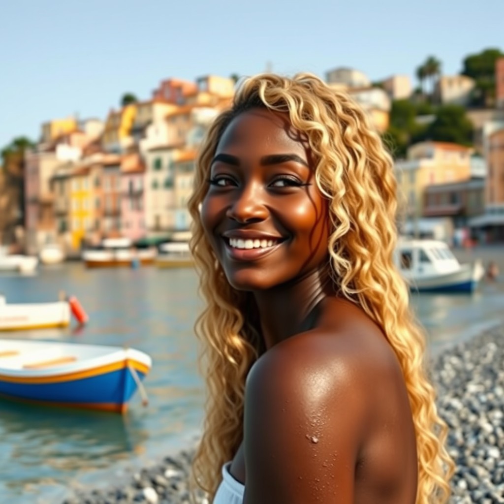 A dark skinned Italian woman with long, wavy, curly blonde hair cascading over her shoulders, looking to the left with her closed beautiful smile revealing dimples and very full lips