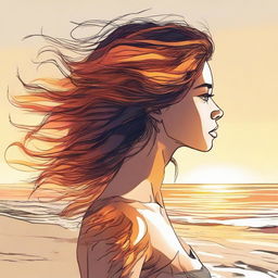 Render a detailed drawing of a side-profile woman on a beach at sunset, her hair appearing as dynamic and vibrant flames.