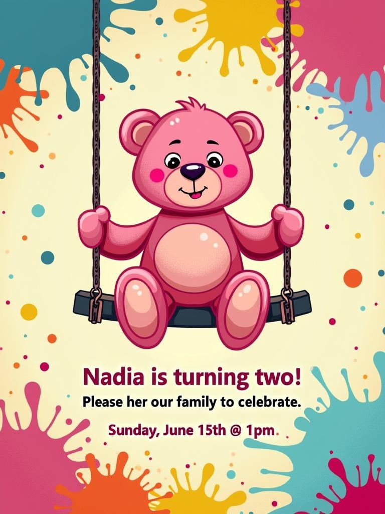 A colorful and playful birthday invitation featuring a cute pink teddy bear sitting on a swing, surrounded by vibrant rainbow splashes that evoke a sense of fun and celebration