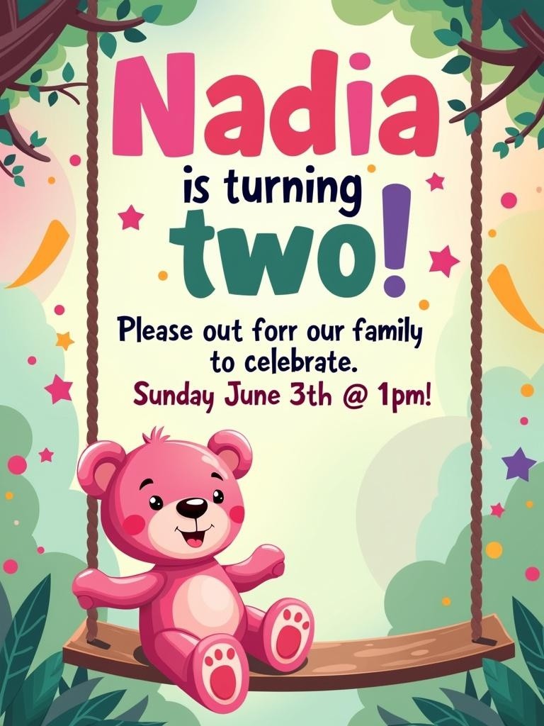 A vibrant and playful birthday invitation for a 2 year old girl's birthday party