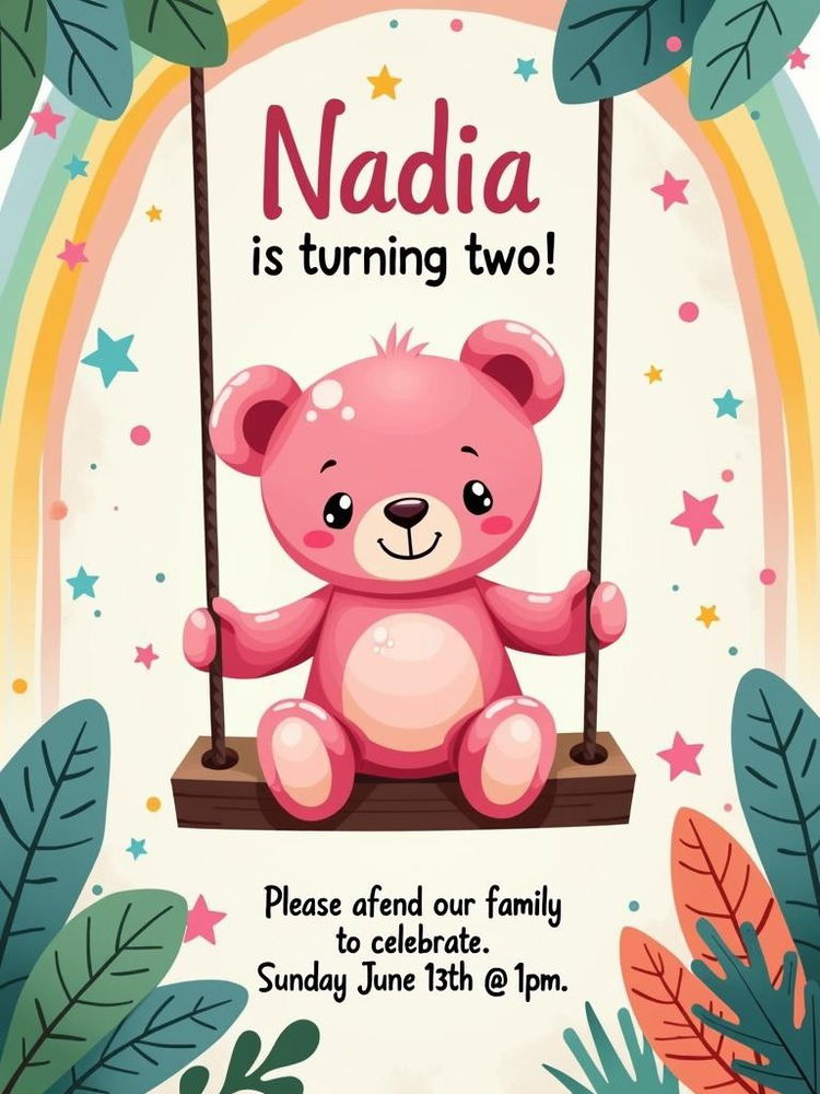 A playful and cute birthday invitation for a 2 year old girl's party
