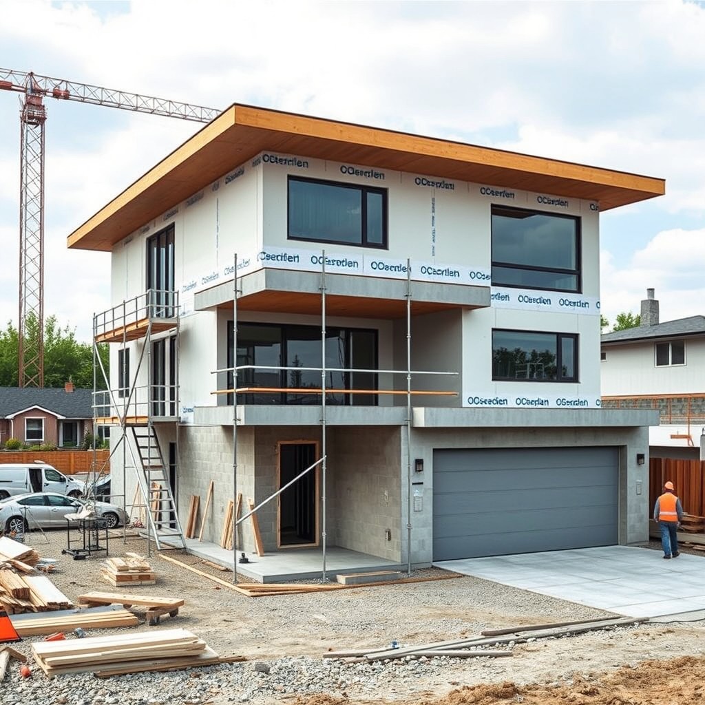 A modern, two-story flat-roofed house under construction, featuring a large garage