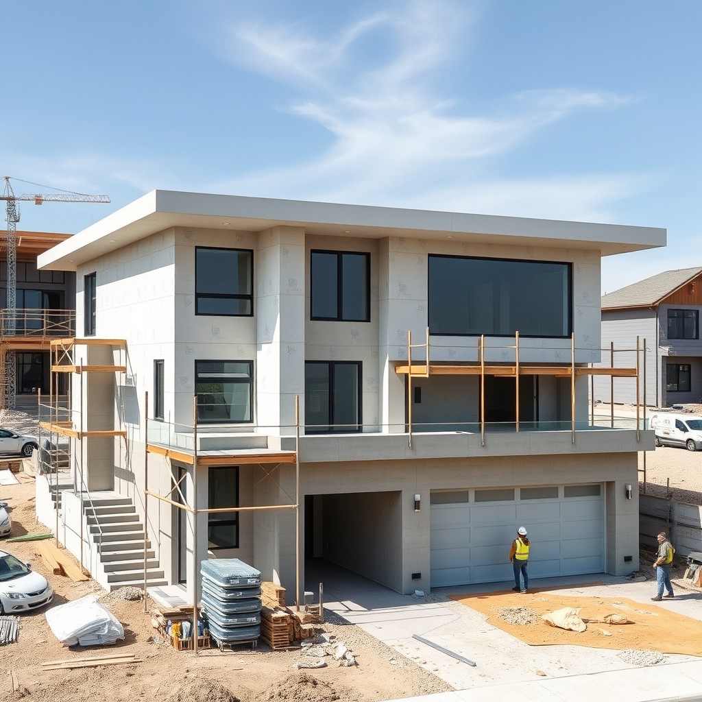A large modern two-story flat-roofed house with a spacious garage, currently under construction