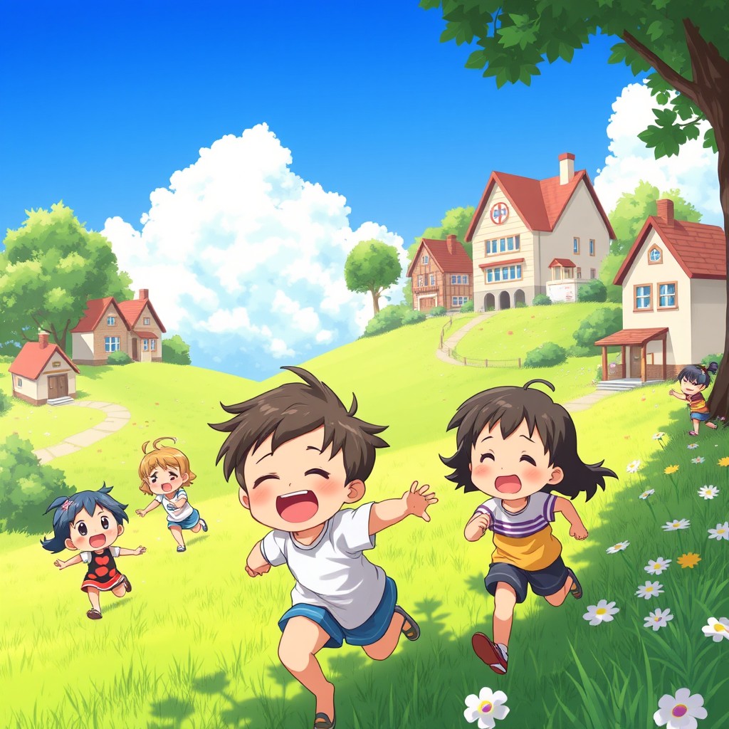 An anime-style illustration depicting children running, playing, and frolicking in lush green meadows beside a quaint village