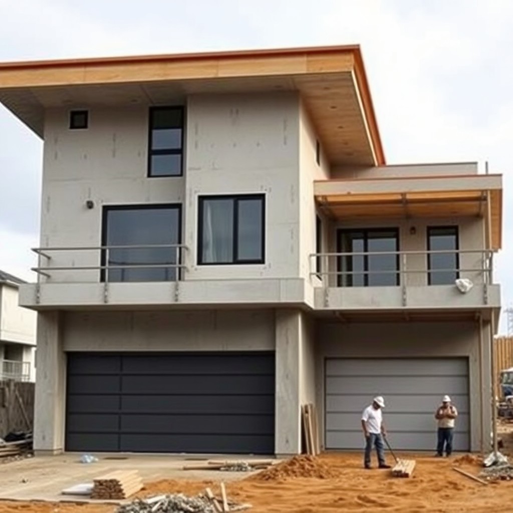 A large modern two-story flat-roofed house with a spacious garage, still under construction