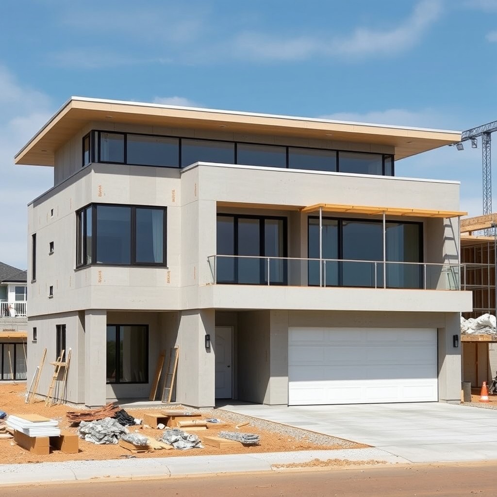 A large modern two-story flat-roofed house with a spacious garage, currently under construction