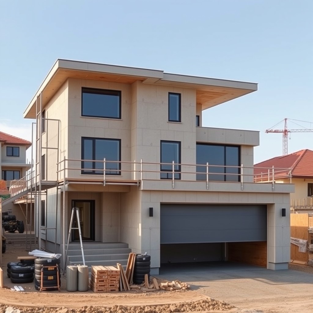 A large modern two-story flat-roofed house with a spacious garage, designed with a contemporary flair