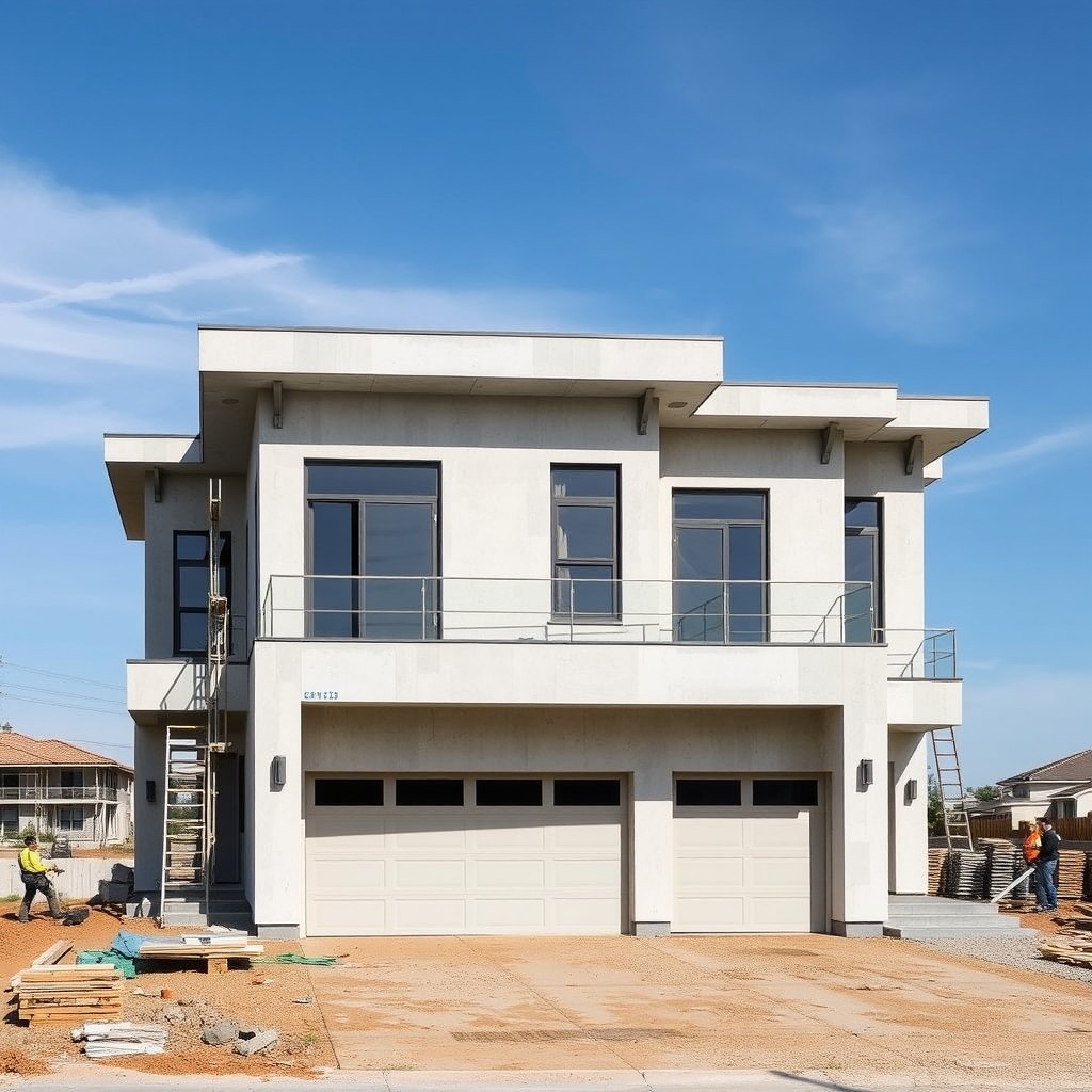 A large modern two-story flat-roofed house with a spacious garage, still under construction