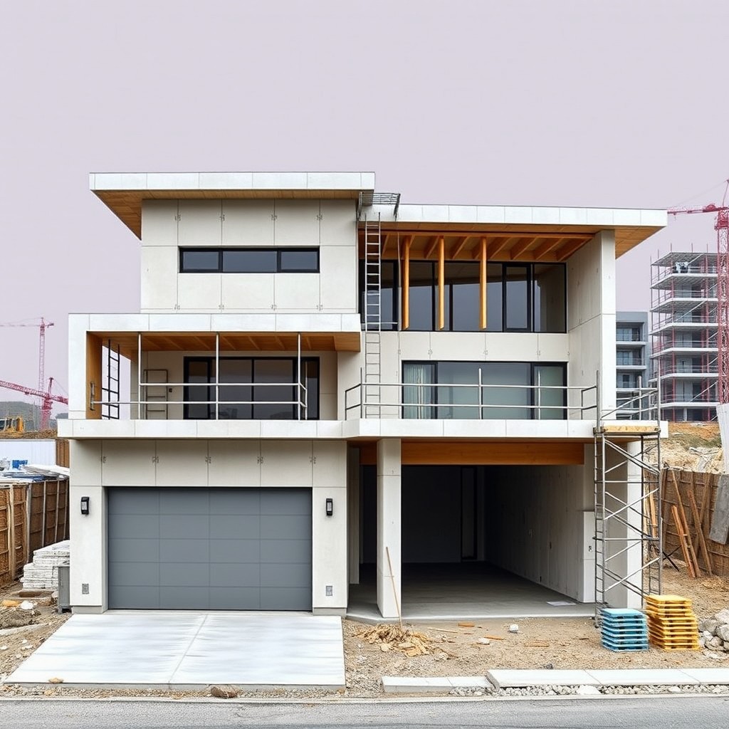 A large modern two-story flat-roofed house with a spacious garage and a deep underground garage, currently under construction