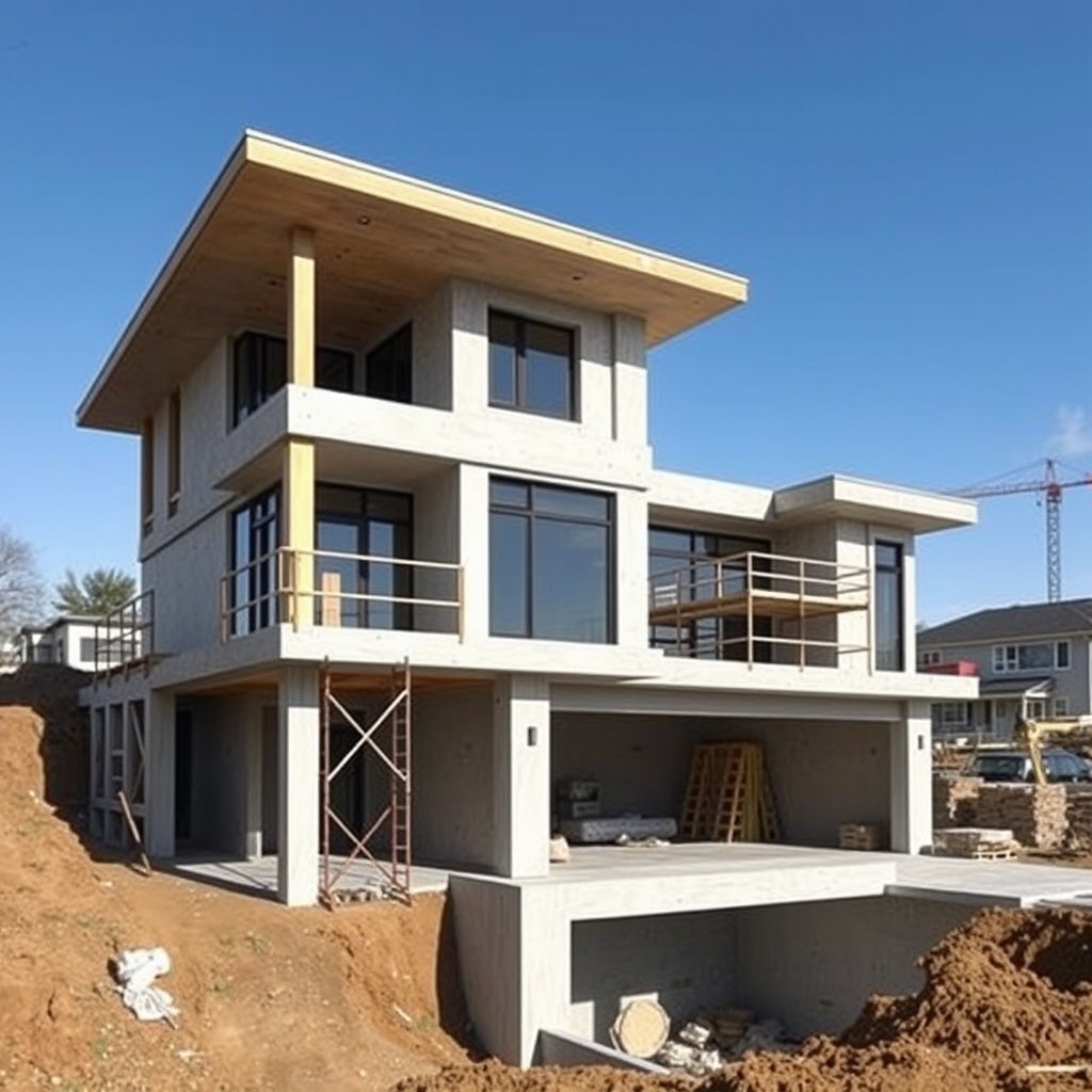 A large modern two-story flat-roofed house with a spacious garage, currently under construction and not yet finished