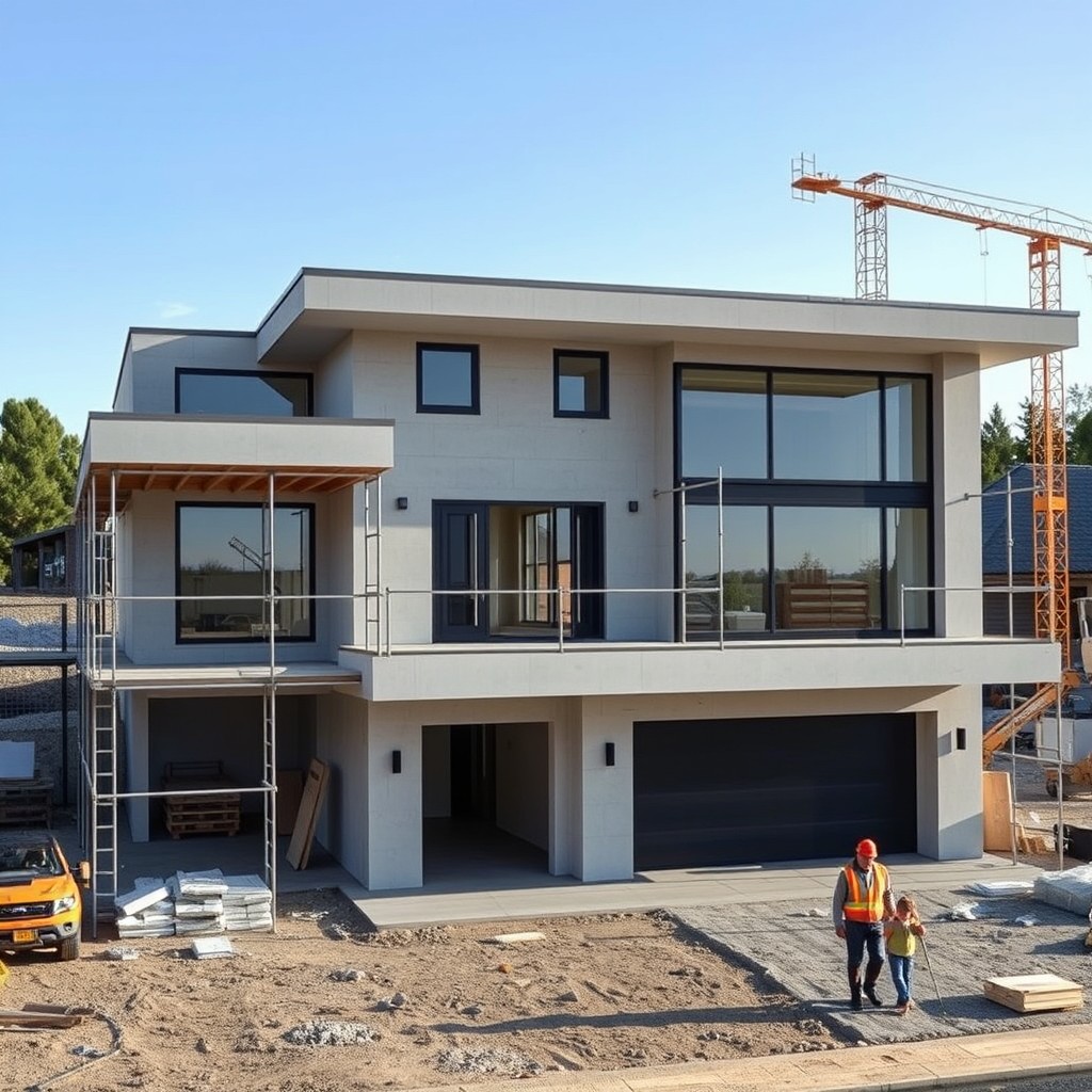 A large modern two-story flat-roofed house with a spacious garage, still under construction and not yet finished