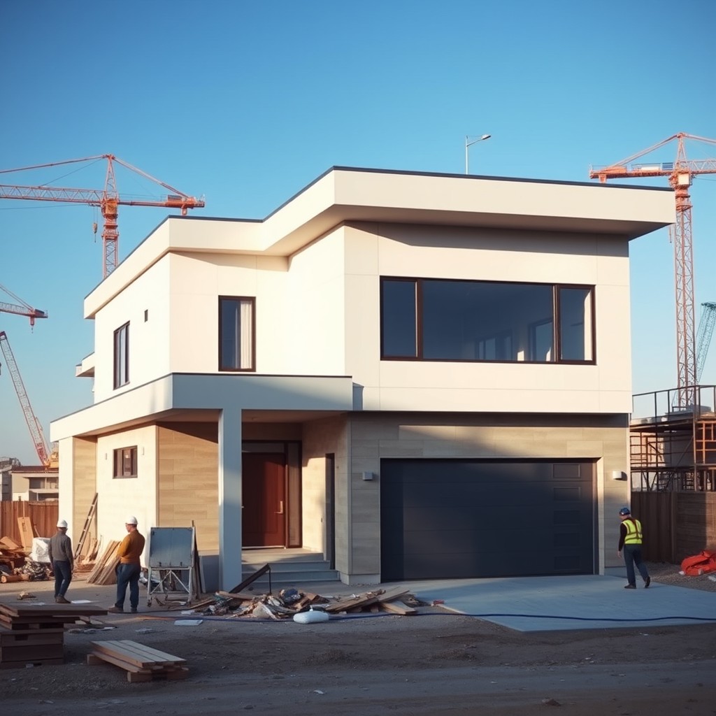 A large, modern two-story flat-roofed house under construction, featuring a spacious garage