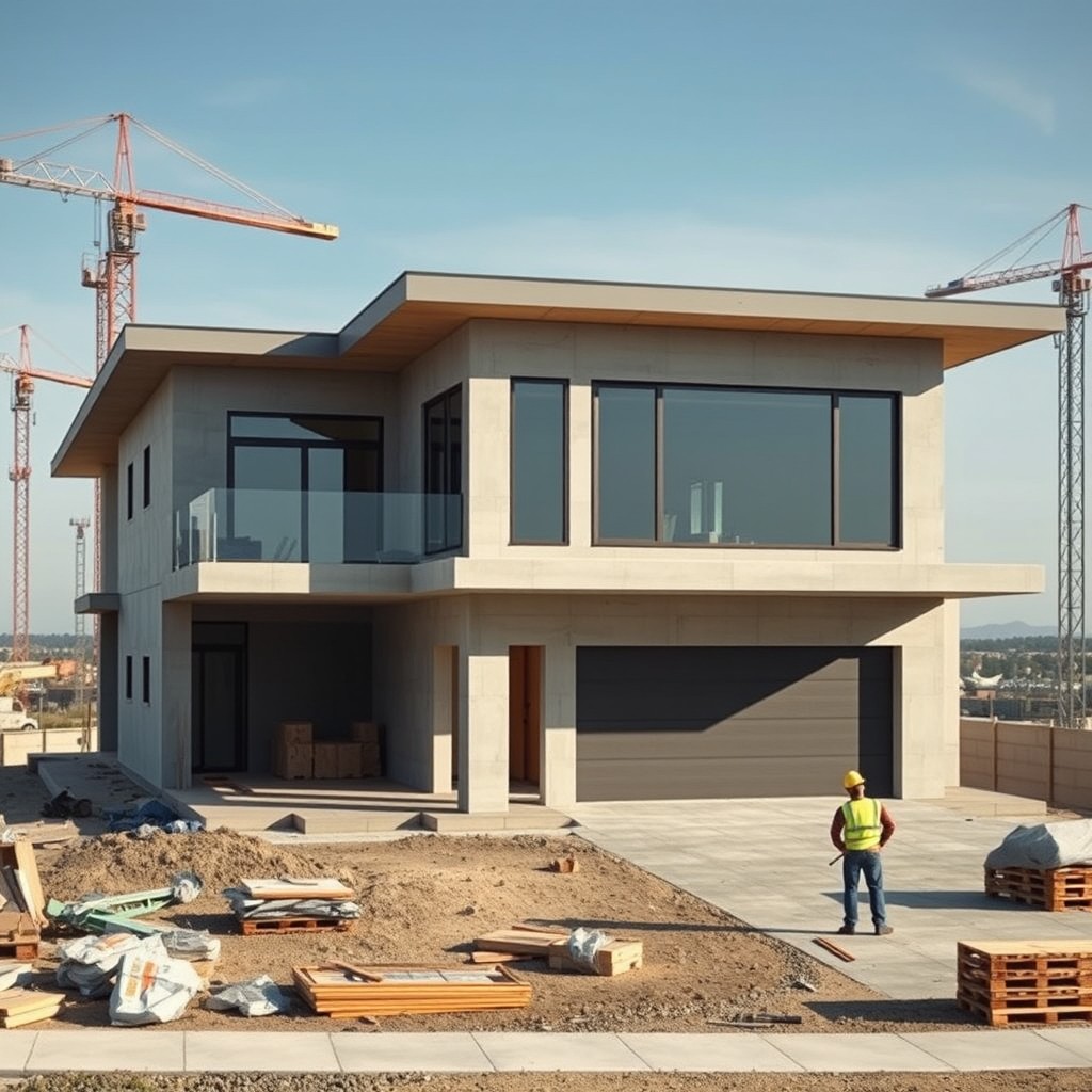 A large, modern two-story flat-roofed house under construction, featuring a spacious garage