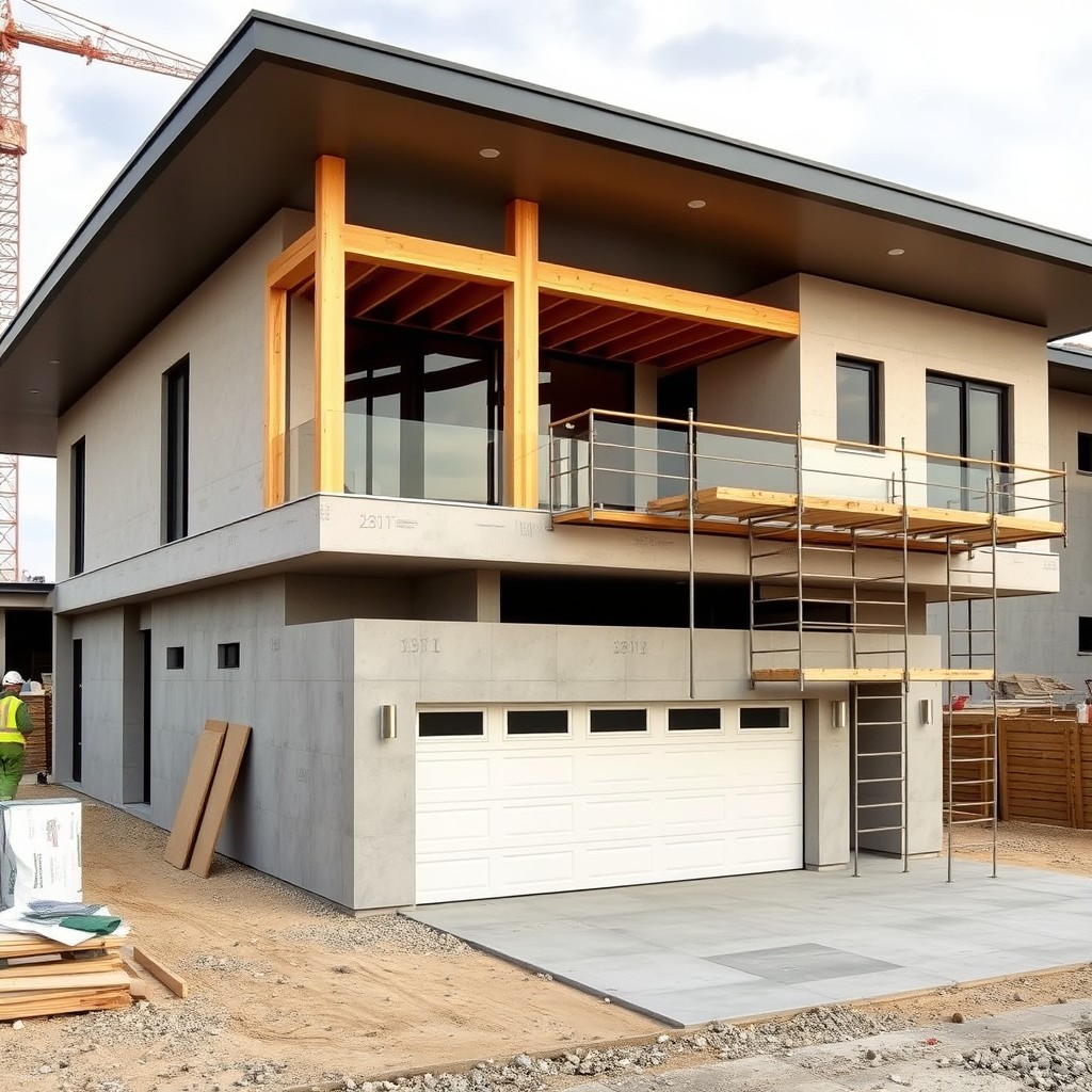 A large modern two-story flat-roofed house with a spacious garage, currently under construction and not yet finished