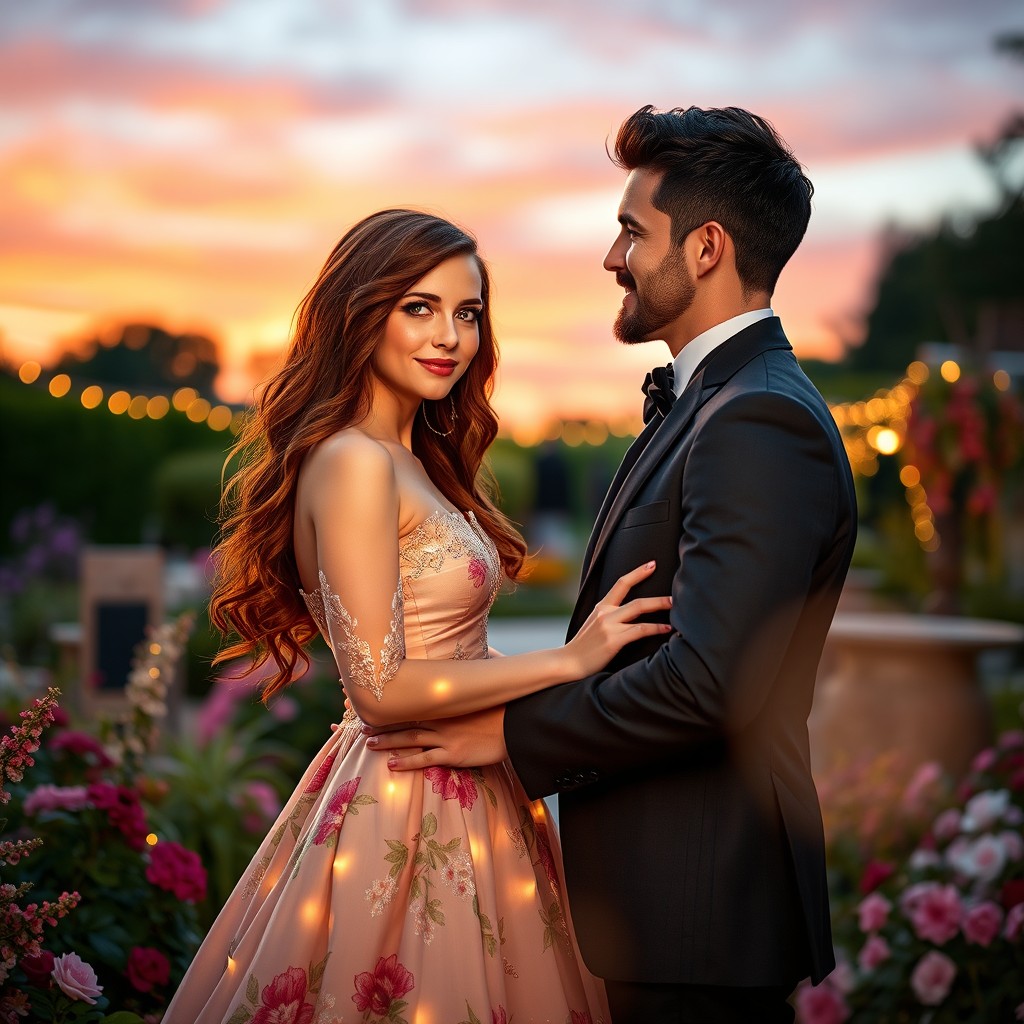 A romantic scene between Olivia Lancaster, a stunning woman with long wavy chestnut hair and bright green eyes, wearing a flowing, elegant gown adorned with floral patterns, and Nathaniel Blackwood, a handsome man with short black hair and a well-groomed beard, dressed in a tailored dark suit, standing in a beautifully decorated garden at sunset