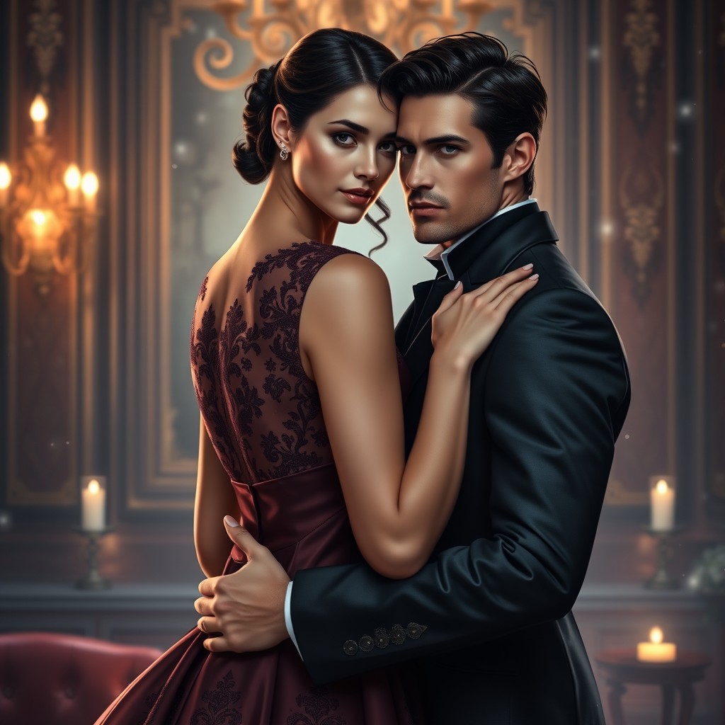 A romantic scene depicting Olivia Lancaster and Nathaniel Blackwood, two modern-day heirs connected by an arranged engagement
