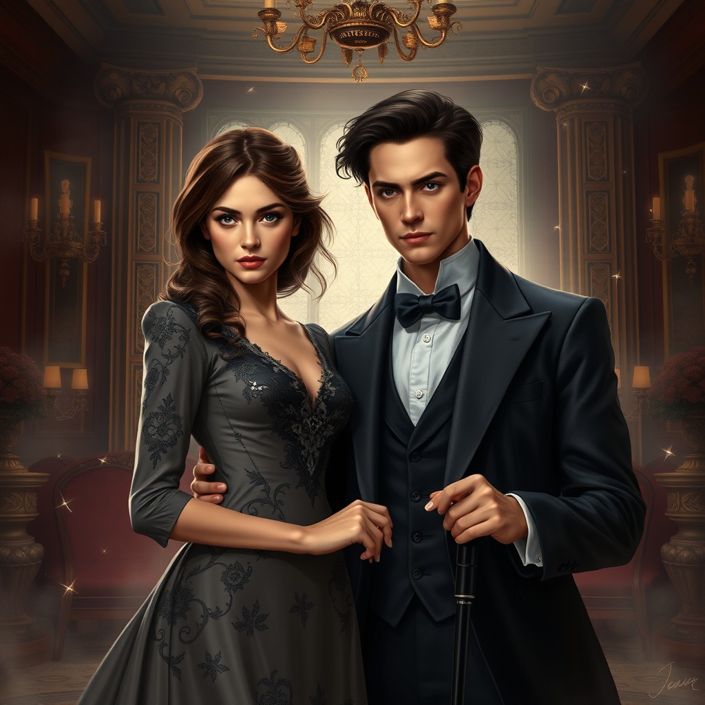 A poignant depiction of Olivia Lancaster and Nathaniel Blackwood, the protagonists of 'The Rewritten Destiny', set against a luxurious yet oppressive high-society backdrop