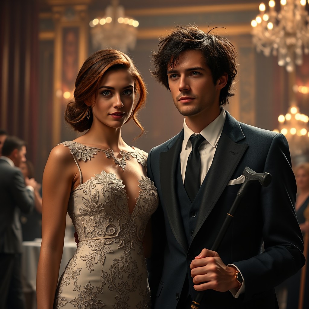 Set in a luxurious high-society event in 2025, Olivia Lancaster, an 18-year-old with elegant chestnut hair and captivating green eyes, stands confidently beside Nathaniel Blackwood, a contemplative 25-year-old man with tousled dark hair and a thoughtful demeanor