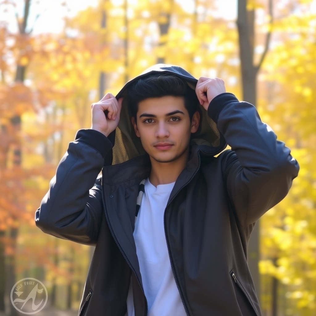 A person standing outdoors in an autumn forest, pulling off their hood to reveal their confident expression