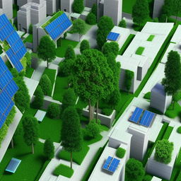 An illustration of a green city, with solar panels on the rooftops and trees lining the sidewalks.