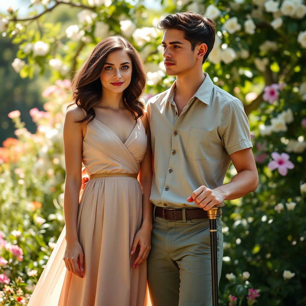 In a lush, sun-drenched garden setting, we see Olivia Lancaster, an 18-year-old woman with elegant poise, dark wavy hair cascading softly over her shoulders, and captivating green eyes that reveal her inner longing for authenticity